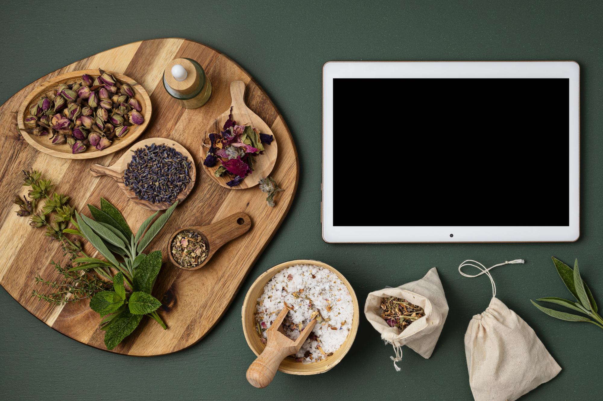 Studio workspace with pans and herbs